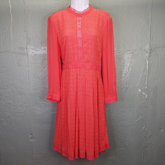 Allsaints Lilith Dress Sz 6 Eyelet Fit & Flare A-Line Coral Red Lace Sheer Lined - Picture 1 of 16
